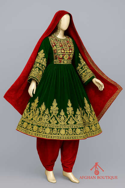 Right angle of green and red Afghani frock showing ethnic stitching pattern
