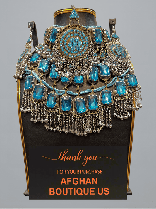 Light Blue Gemstone Afghani Jewelry Set for Women – Silver Necklace & Earrings - Afghan.boutique.us