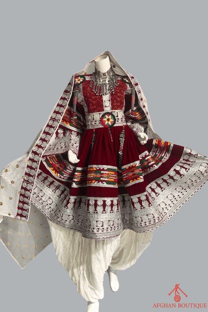 Maroon Afghani Frock for Women – Silver Thread Embroidered Dress - Afghan.boutique.us