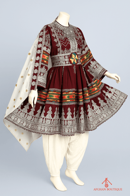 Right side of maroon Afghani frock showing traditional Afghani patterns

