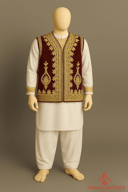 Afghani maroon waistcoat with elegant golden embroidery for men
