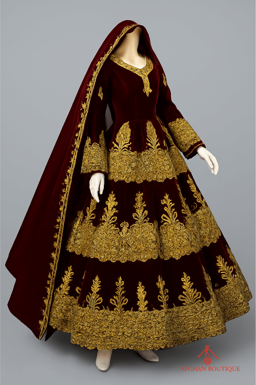 Maroon Velvet Afghani Maxi for Women – Golden Embroidered Traditional Dress - Afghan.boutique.us