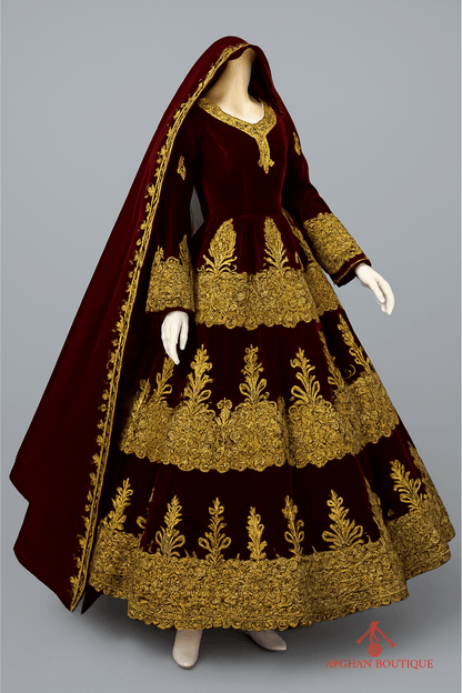 Maroon Velvet Afghani Maxi for Women – Golden Embroidered Traditional Dress - Afghan.boutique.us