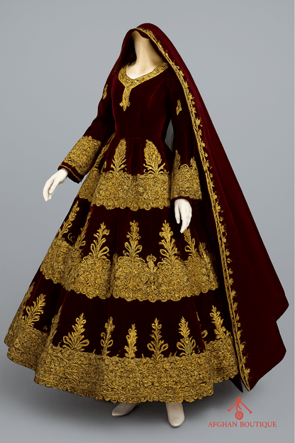 Maroon Velvet Afghani Maxi for Women – Golden Embroidered Traditional Dress - Afghan.boutique.us