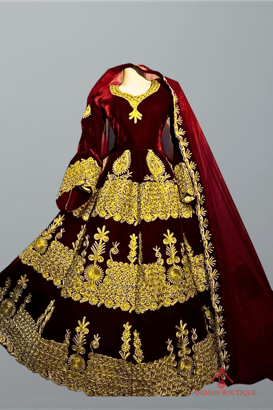 Maroon Velvet Afghani Maxi for Women – Golden Embroidered Traditional Dress - Afghan.boutique.us
