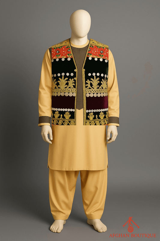 Multicolor Embroidered Afghani Velvet Waistcoat for Men - Afghan.boutique.us