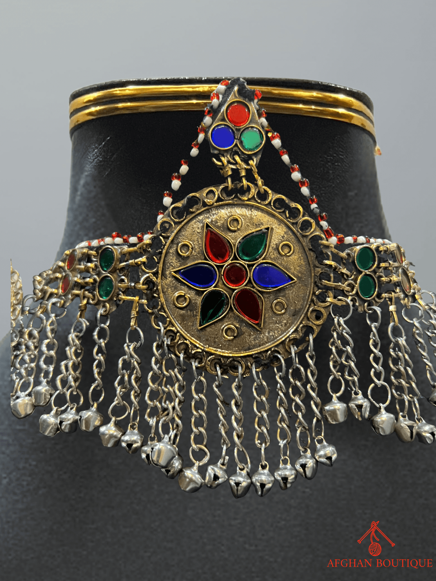 Multicolor handcrafted Afghani headpiece close-up