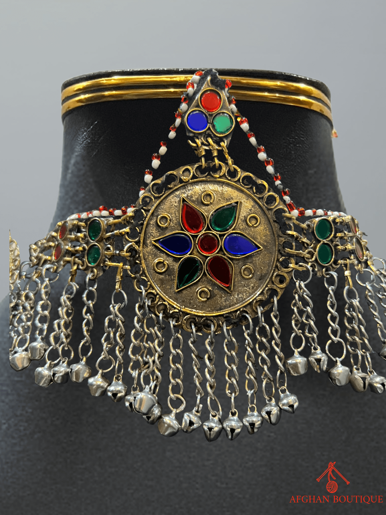 Multicolor handcrafted Afghani headpiece close-up