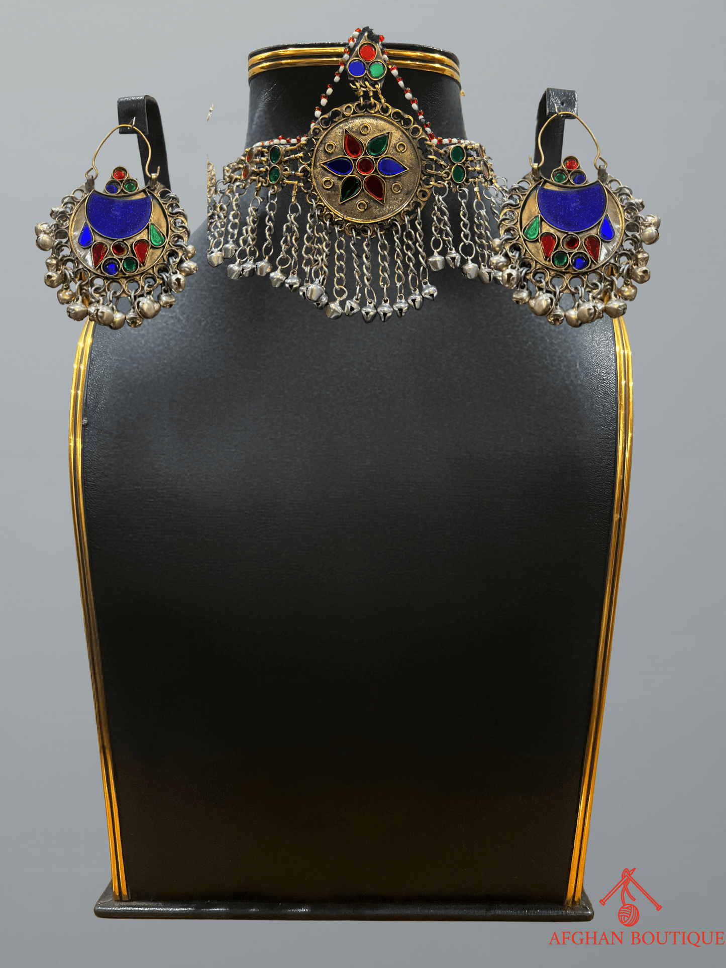 Multicolor handcrafted Afghani headpiece with earrings