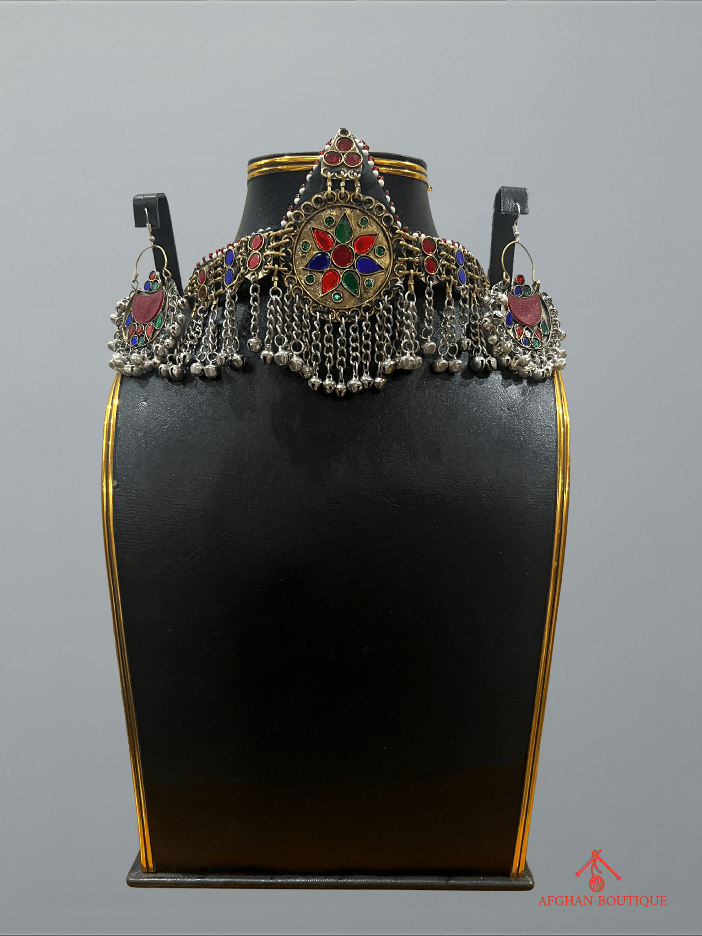 Multicolor handcrafted Afghan jewelry set featuring ornate headpiece with matching earrings in traditional ethnic design.