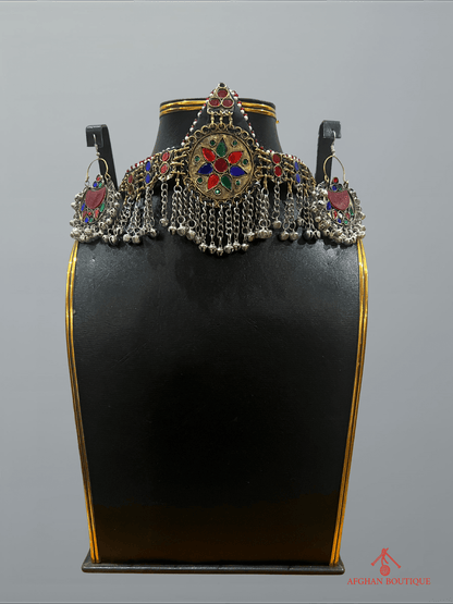 Multicolor handcrafted Afghan jewelry set featuring ornate headpiece with matching earrings in traditional ethnic design.