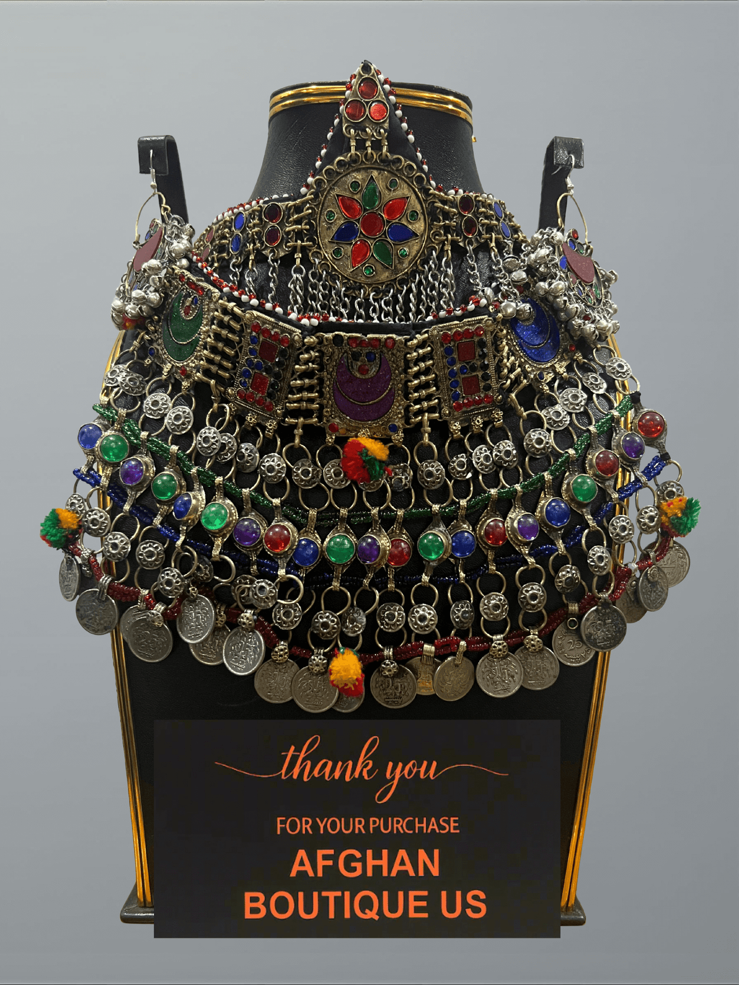 Complete multicolor handcrafted Afghan jewelry set including headpiece, earrings, and necklace in traditional ethnic design.