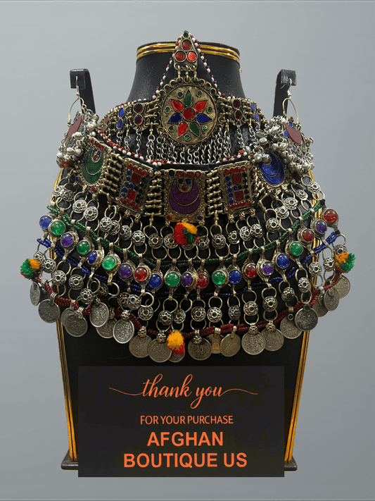 Complete multicolor handcrafted Afghan jewelry set including headpiece, earrings, and necklace in traditional ethnic design.