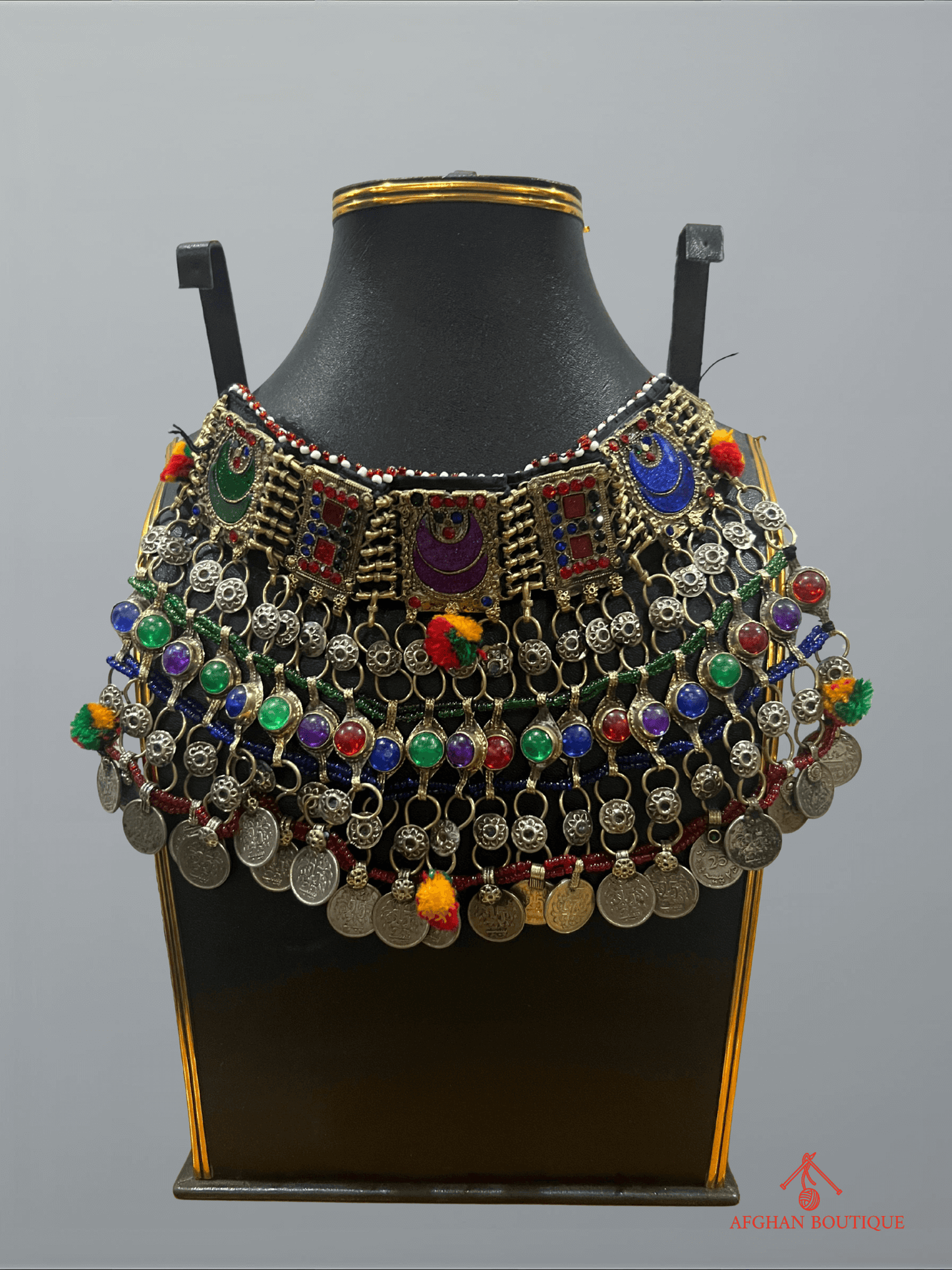 Traditional multicolor handcrafted Afghan necklace showcasing ethnic tribal craftsmanship and intricate beadwork.