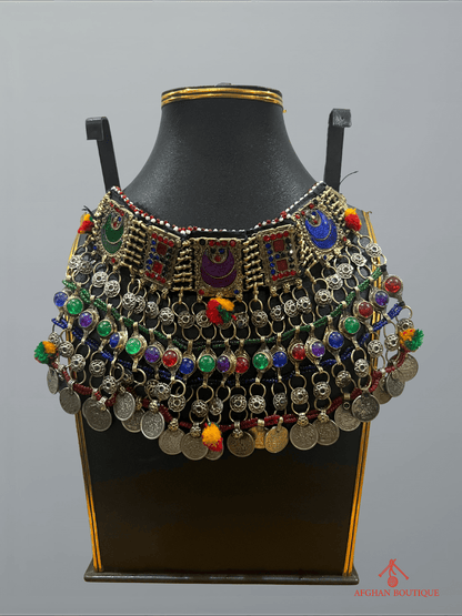 Traditional multicolor handcrafted Afghan necklace showcasing ethnic tribal craftsmanship and intricate beadwork.