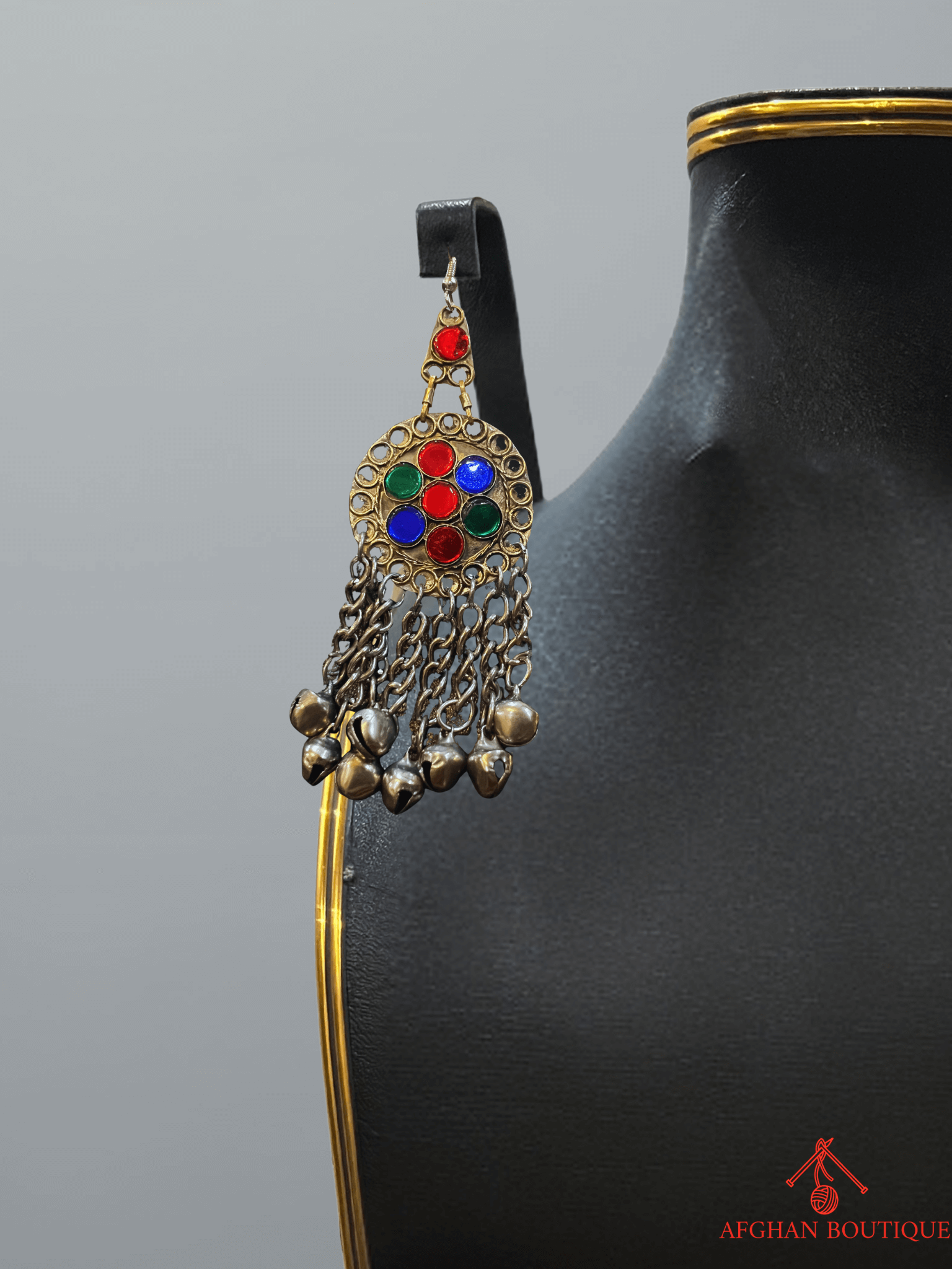 Right earring from multicolour Afghani handcrafted jewelry set, traditional ethnic design with handmade artistry.