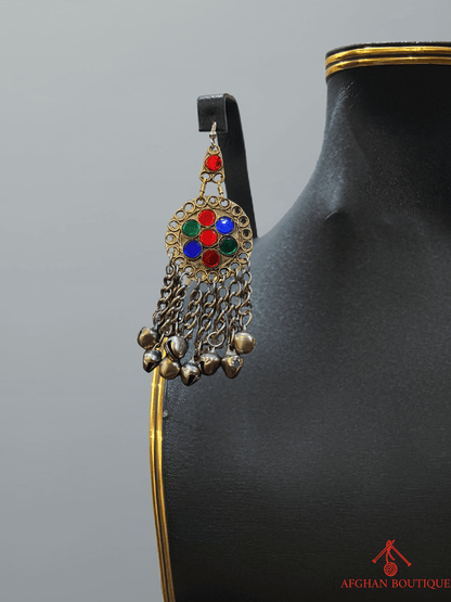 Right earring from multicolour Afghani handcrafted jewelry set, traditional ethnic design with handmade artistry.