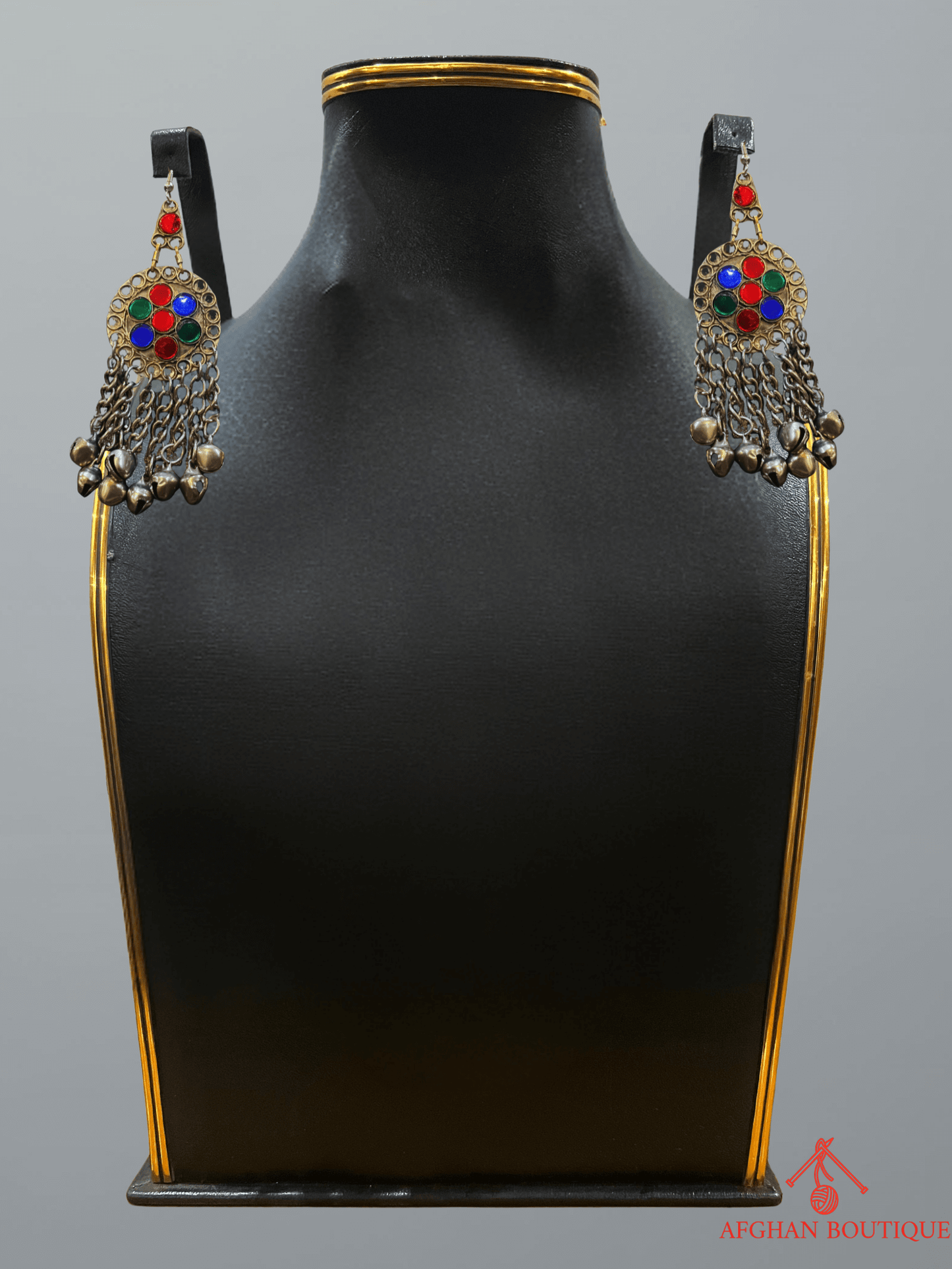 Pair of multicolour Afghani handcrafted earrings with traditional tribal design, ethnic jewelry for women.