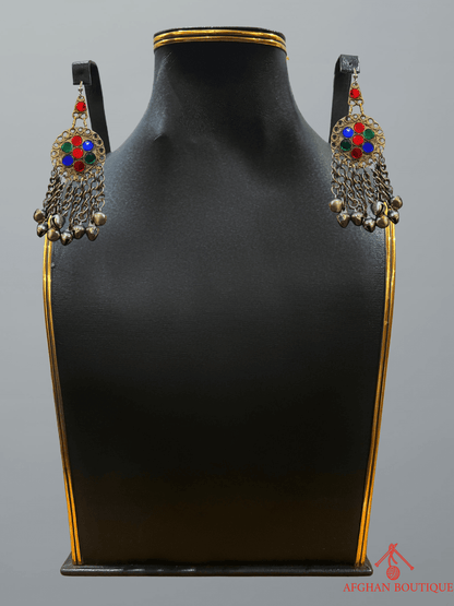 Pair of multicolour Afghani handcrafted earrings with traditional tribal design, ethnic jewelry for women.