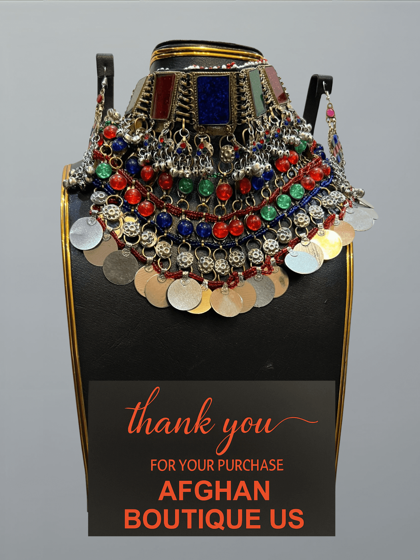 Multicolour traditional Afghani handcrafted jewelry set featuring vibrant necklace, earrings, and headpiece — ethnic handmade design for women.