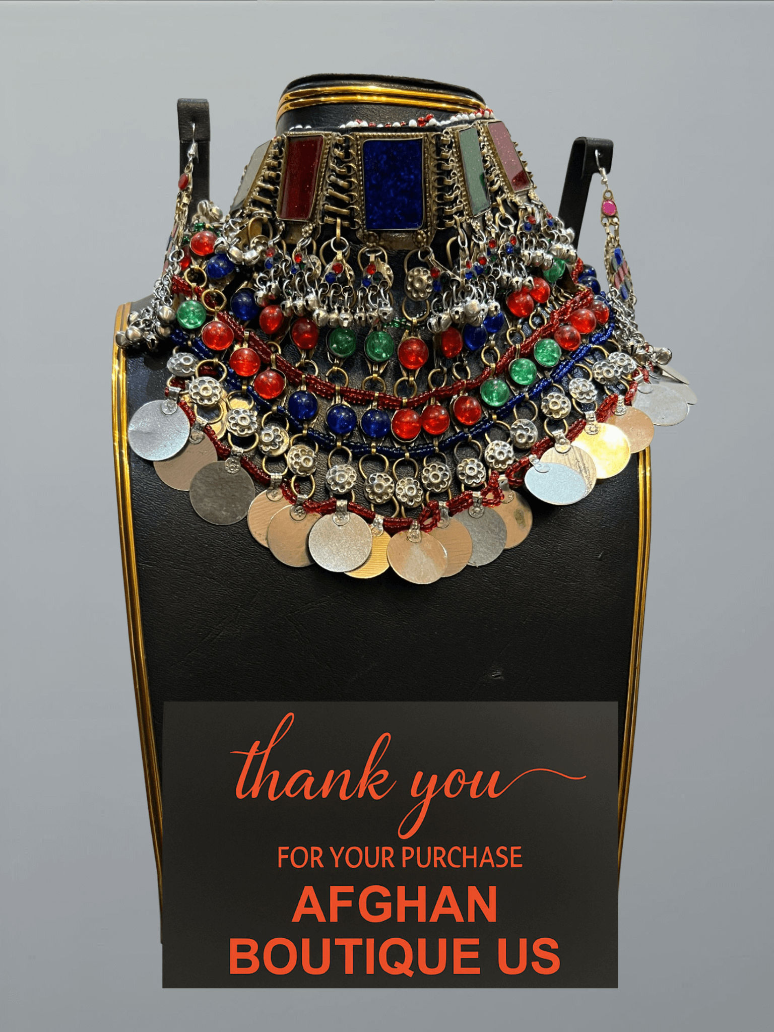 Multicolour traditional Afghani handcrafted jewelry set featuring vibrant necklace, earrings, and headpiece — ethnic handmade design for women.