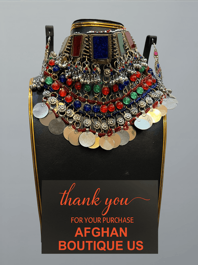 Multicolour traditional Afghani handcrafted jewelry set featuring vibrant necklace, earrings, and headpiece — ethnic handmade design for women.