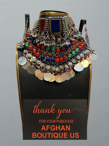 Multicolour traditional Afghani handcrafted jewelry set featuring vibrant necklace, earrings, and headpiece — ethnic handmade design for women.