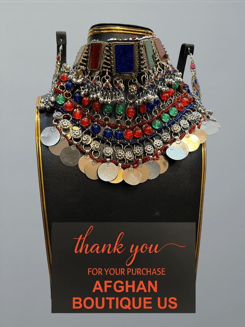 Multicolour traditional Afghani handcrafted jewelry set featuring vibrant necklace, earrings, and headpiece — ethnic handmade design for women.