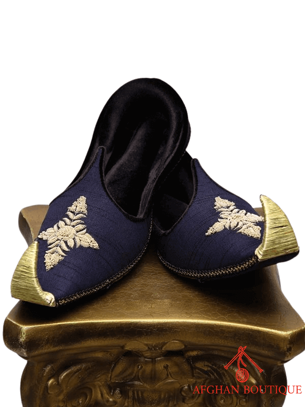 Navy Blue Leather Afghani Khussa for Men – Golden Embroidered Handmade Footwear - Afghan.boutique.us