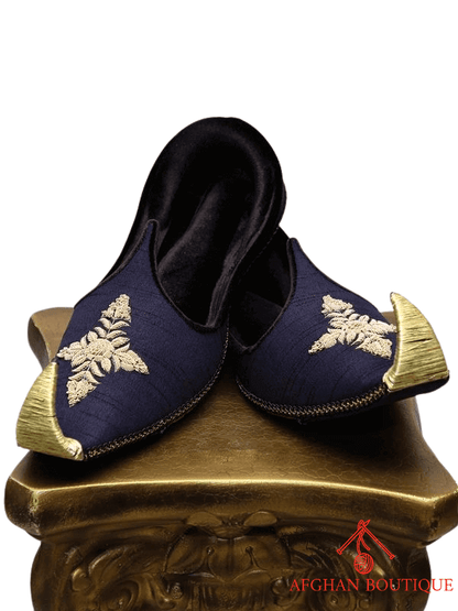Navy Blue Leather Afghani Khussa for Men – Golden Embroidered Handmade Footwear - Afghan.boutique.us