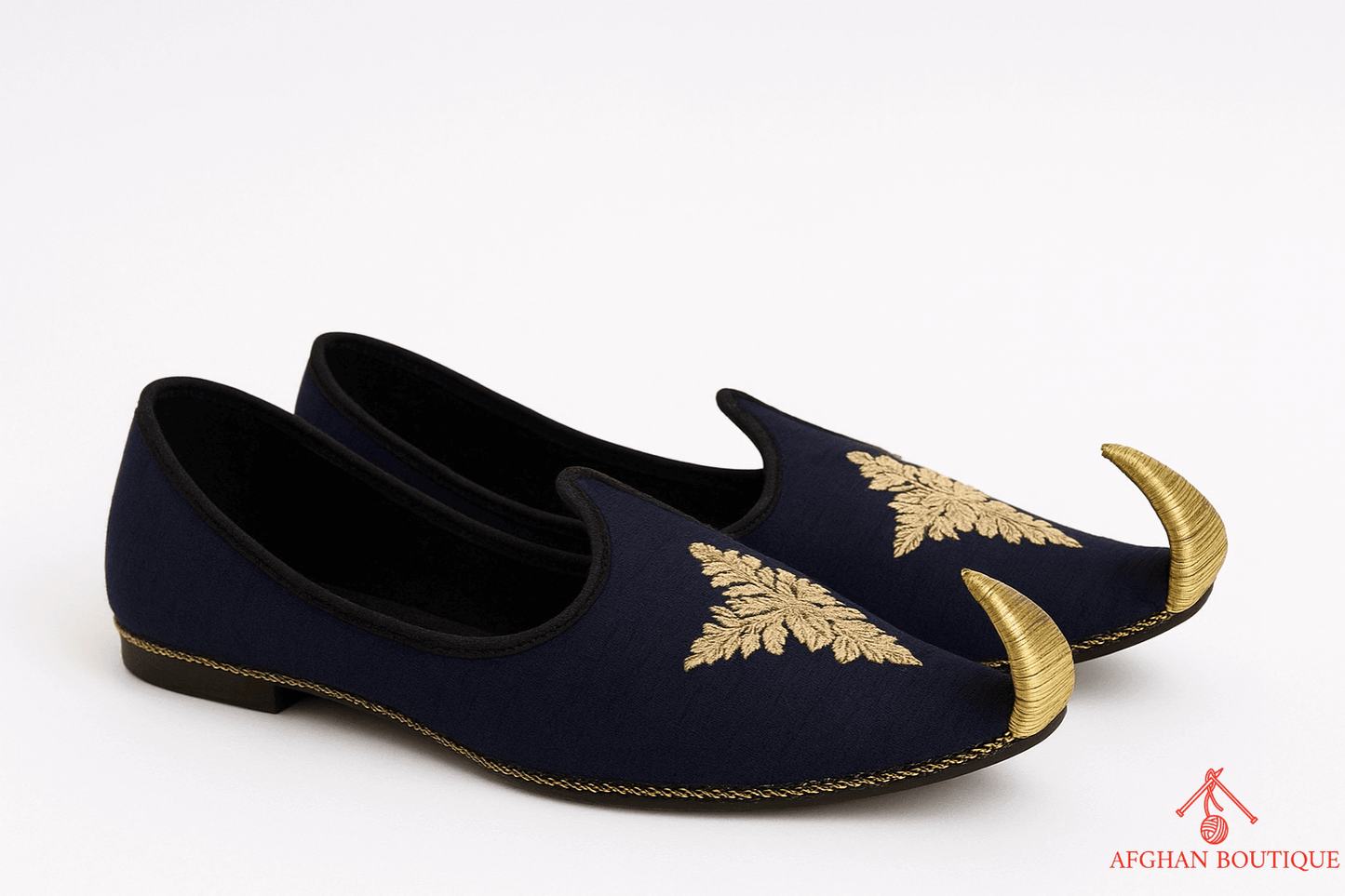 Navy Blue Leather Afghani Khussa for Men – Golden Embroidered Handmade Footwear - Afghan.boutique.us