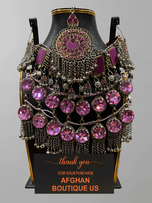 Pink Gemstone Afghani Jewelry Set for Women – Silver Necklace & Earrings - Afghan.boutique.us