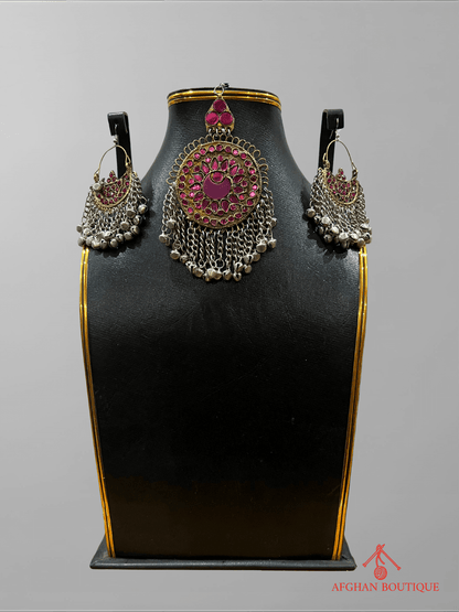Pink handcrafted Afghani headpiece with earrings