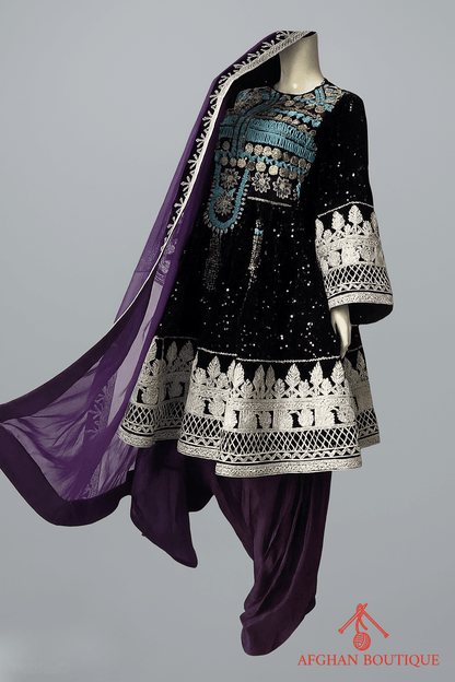 Purple Afghani Frock for Women – White Embroidered Traditional Dress - Afghan.boutique.us