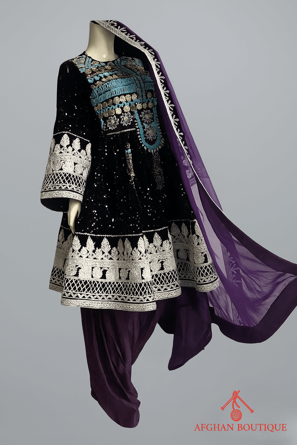 Right side of purple Afghani frock showcasing delicate white design
