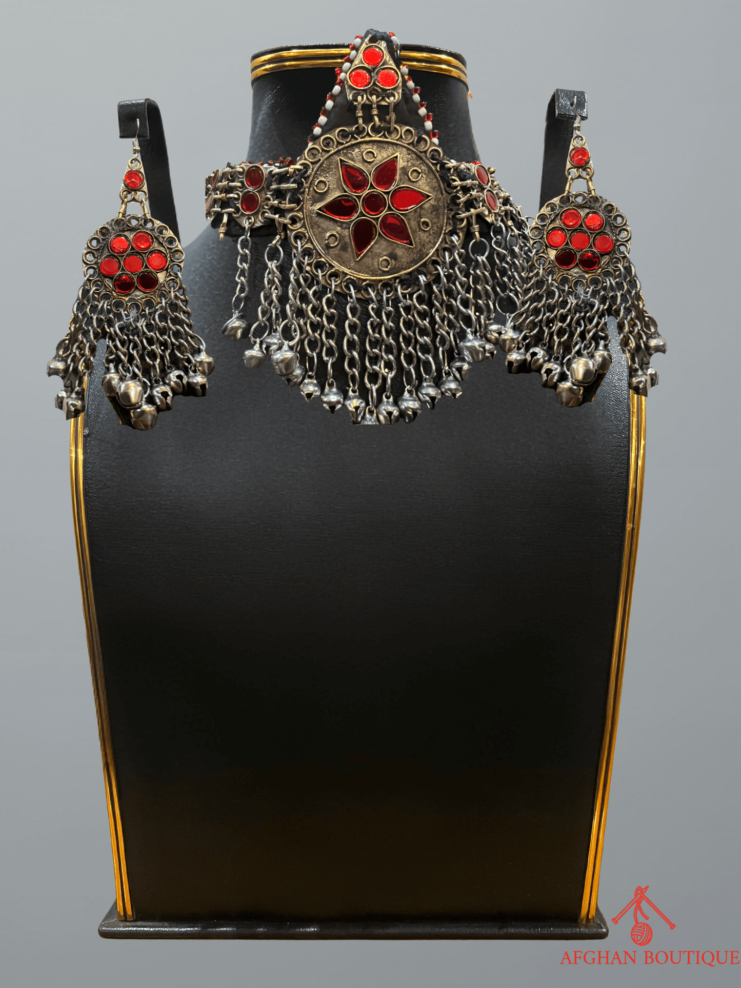 Red & Gold Afghani Jewelry Set for Women – Handcrafted Bridal Necklace & Earrings - Afghan.boutique.us