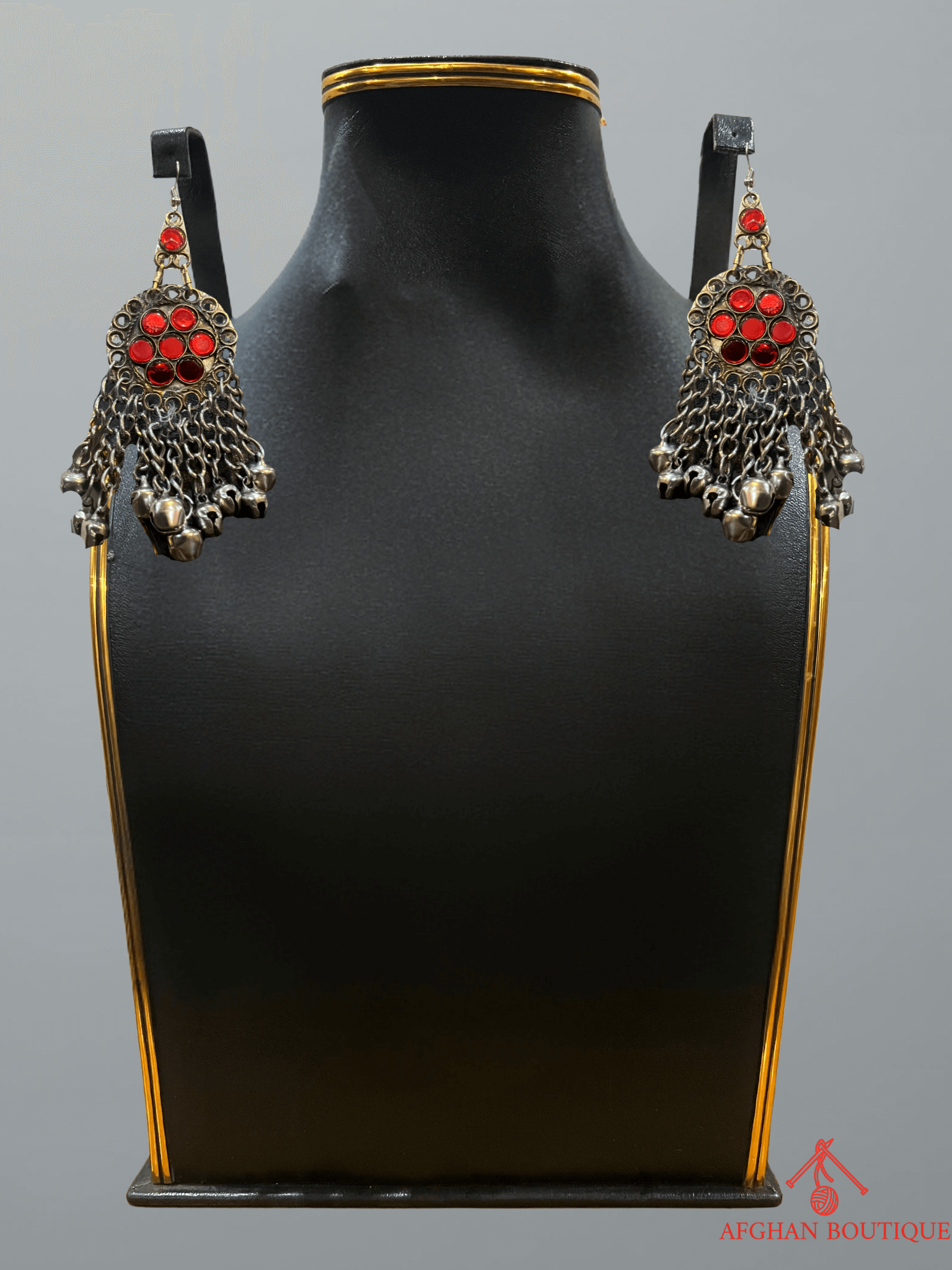 Red and gold handcrafted Afghani earrings pair