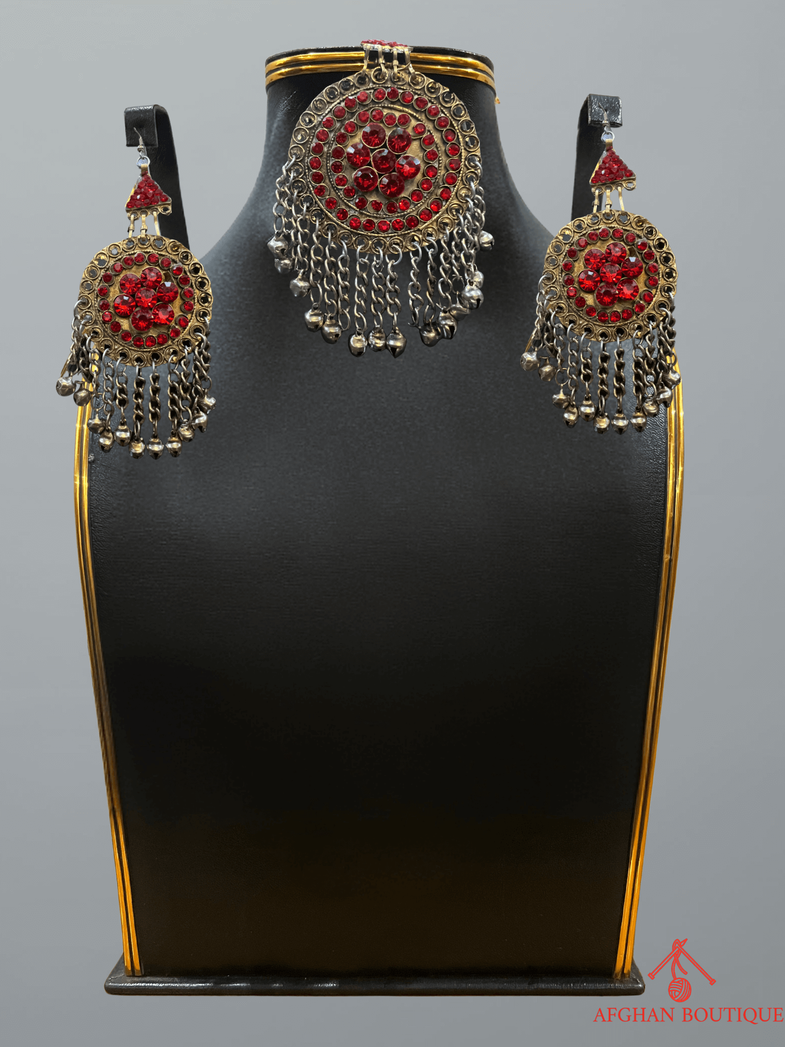 Red Afghan jewelry headpiece with matching earrings — traditional design with detailed beadwork and ethnic charm.