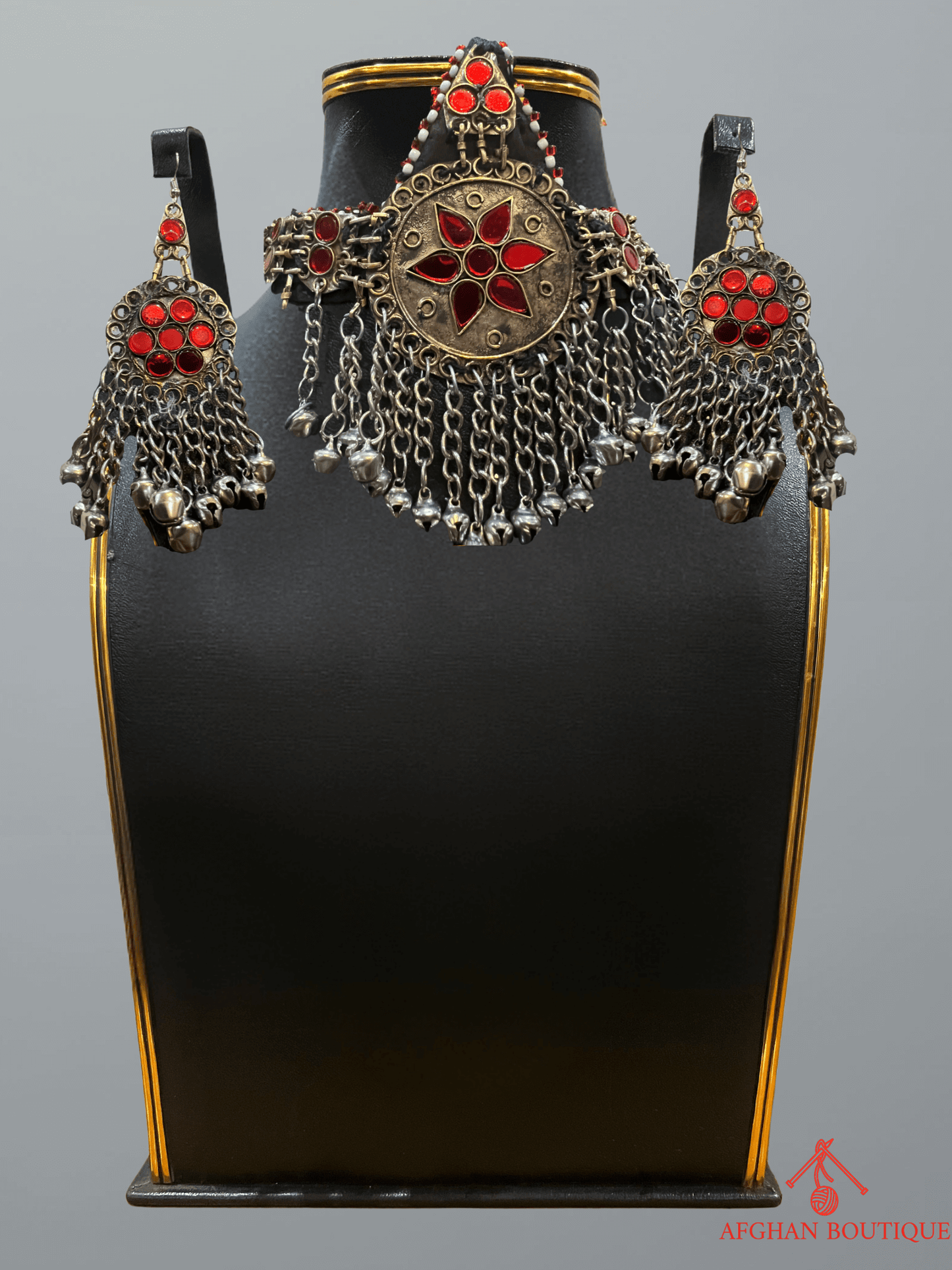 Red and gold handcrafted Afghani headpiece with earrings