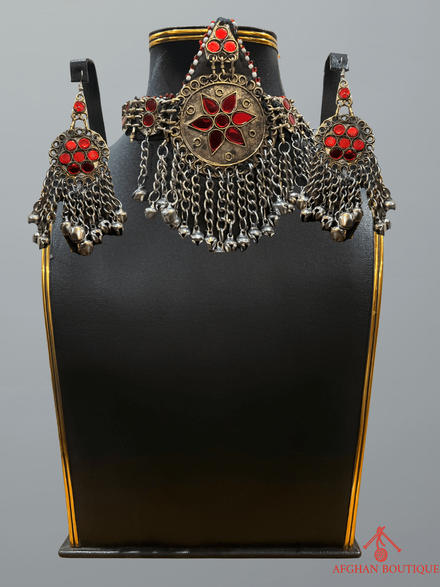 Red and gold handcrafted Afghani headpiece with earrings