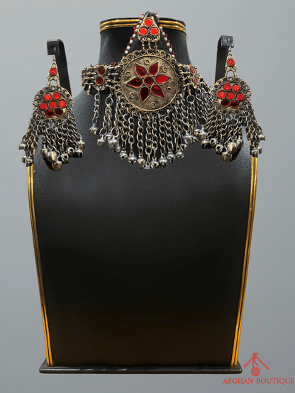Red and gold handcrafted Afghani headpiece with earrings