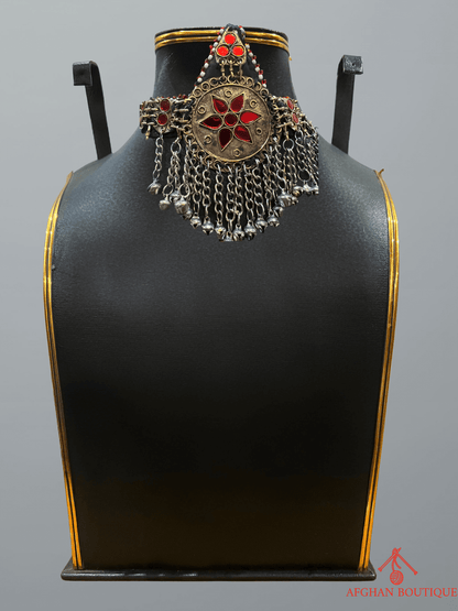 Red and gold handcrafted Afghani headpiece