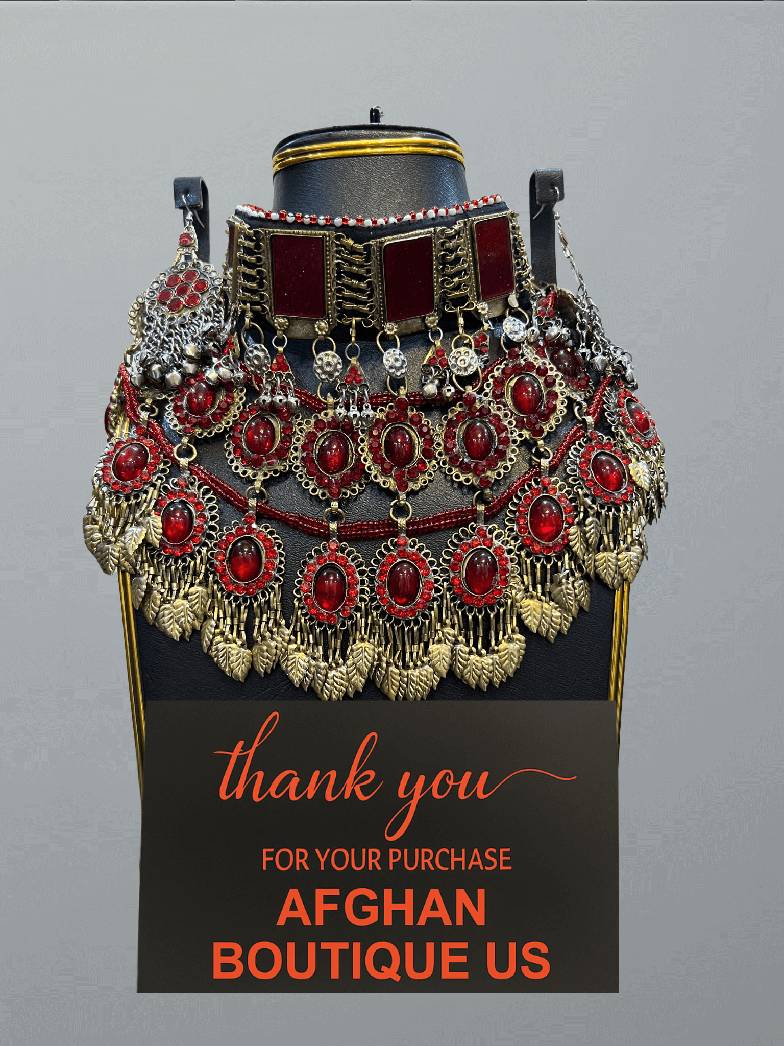 Red and gold handcrafted Afghani jewelry full set