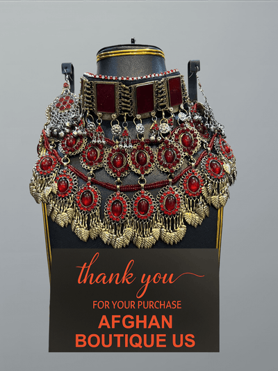 Red and gold handcrafted Afghani jewelry full set