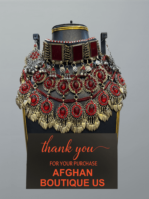 Red and gold handcrafted Afghani jewelry full set