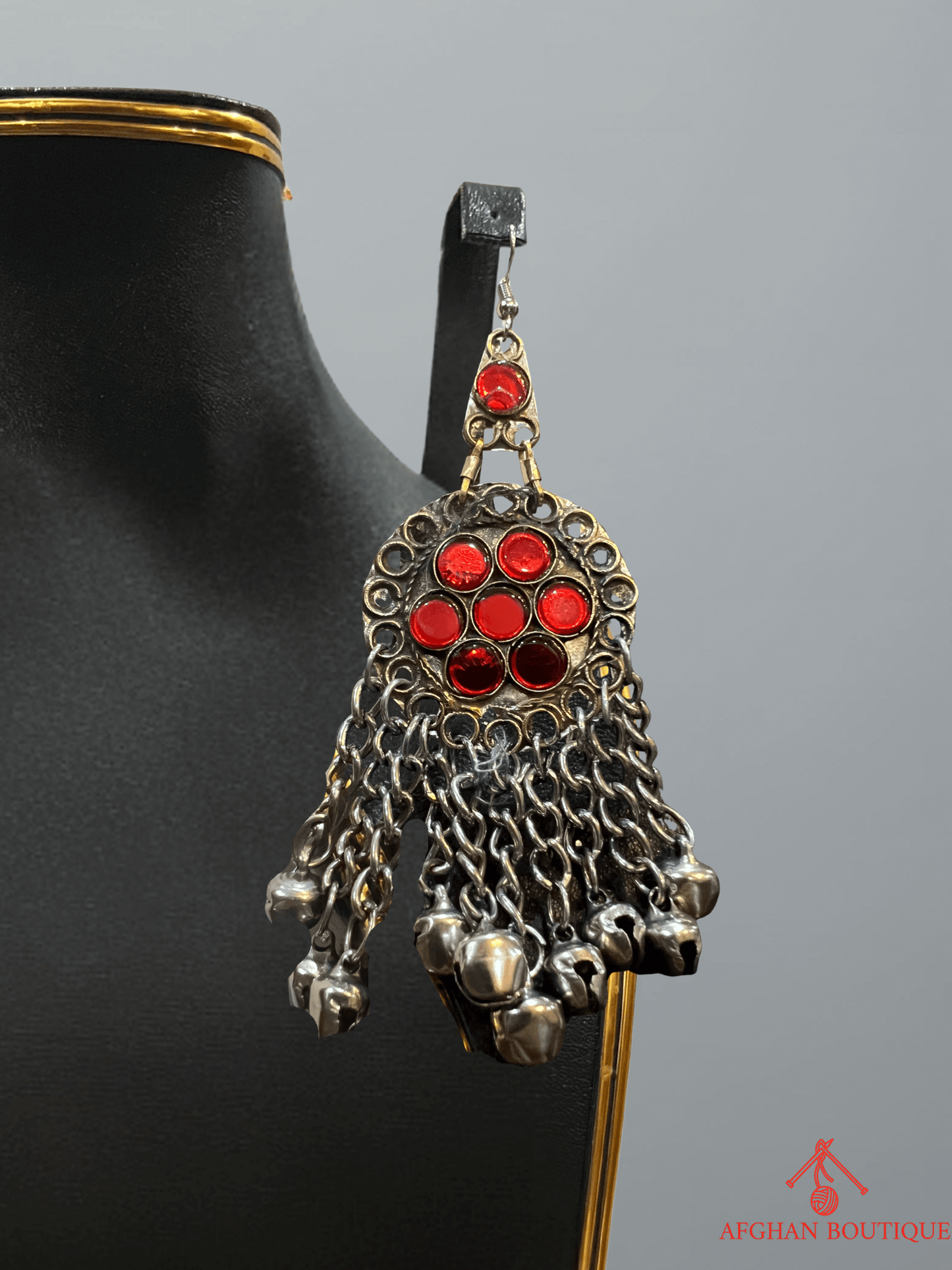 Red and gold handcrafted Afghani left earring
