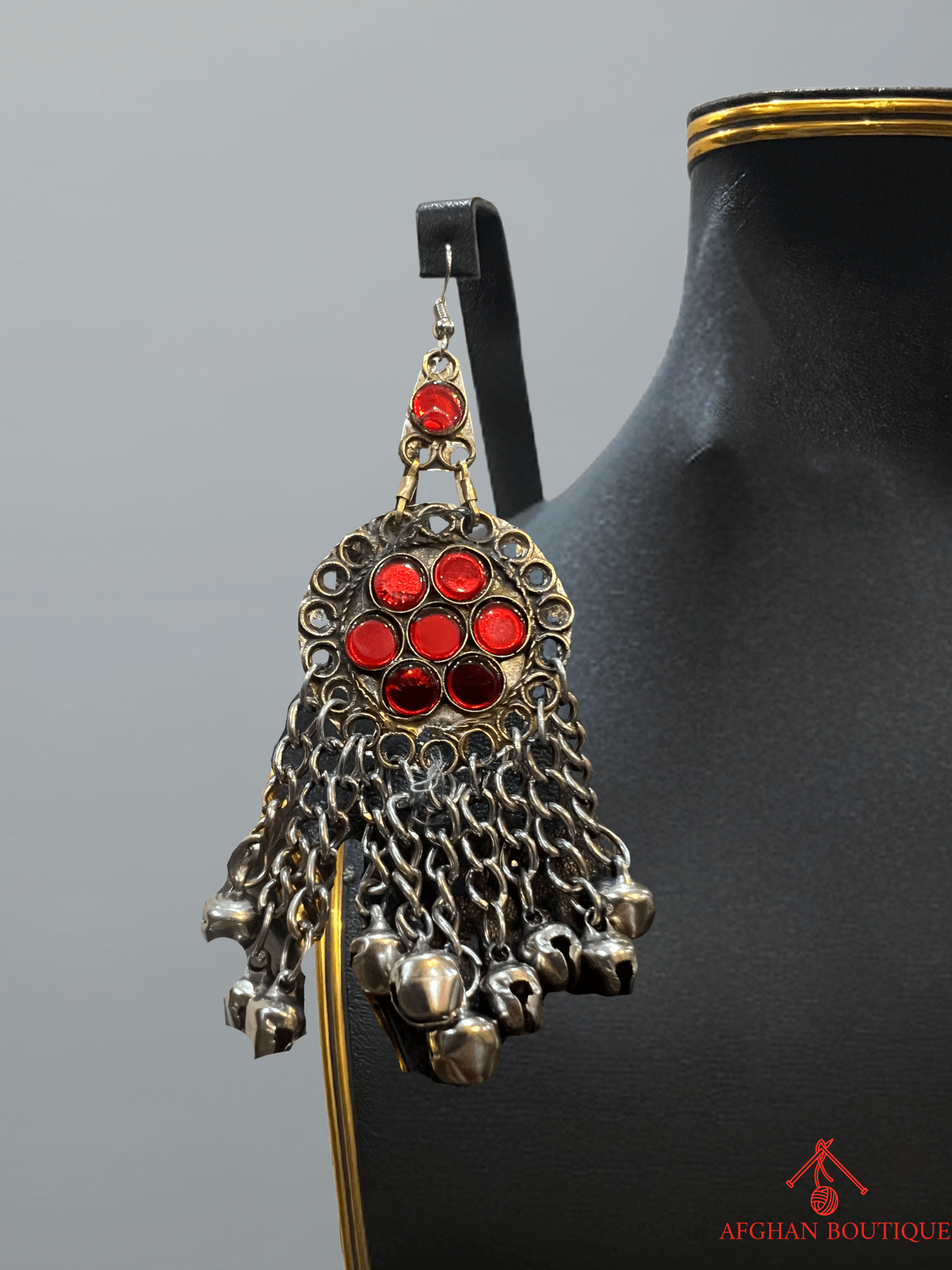 Red and gold handcrafted Afghani right earring