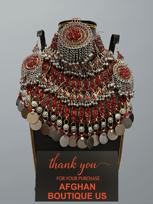 Red Tribal Afghani Jewelry Set for Women – Coin Necklace & Earrings - Afghan.boutique.us