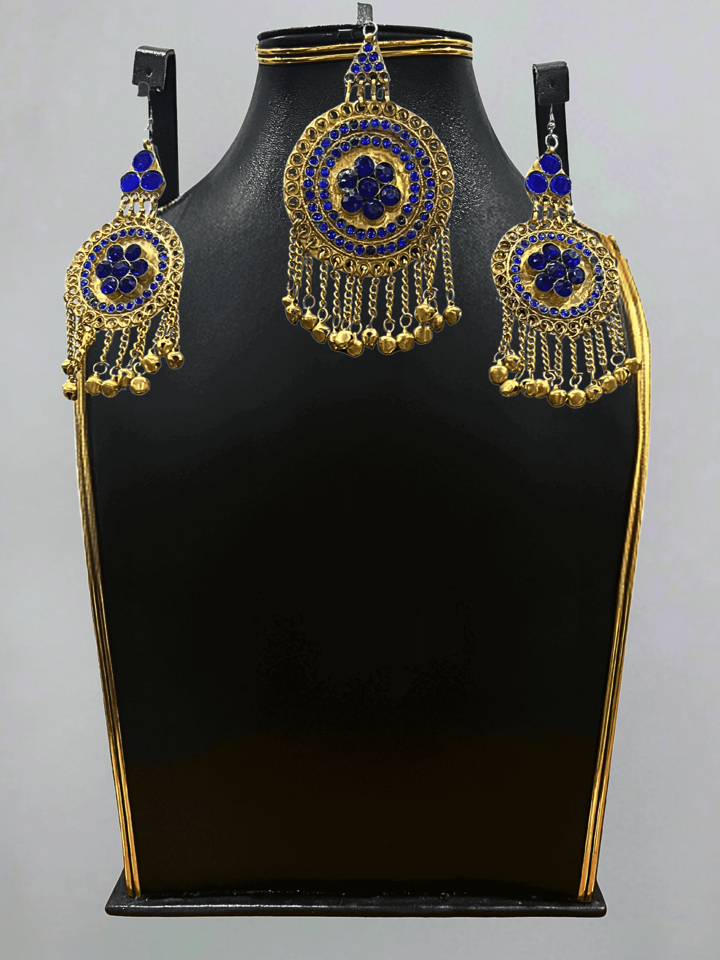 Royal Blue Afghani Jewelry Set for Women – Gold Embellished Necklace & Earrings - Afghan.boutique.us