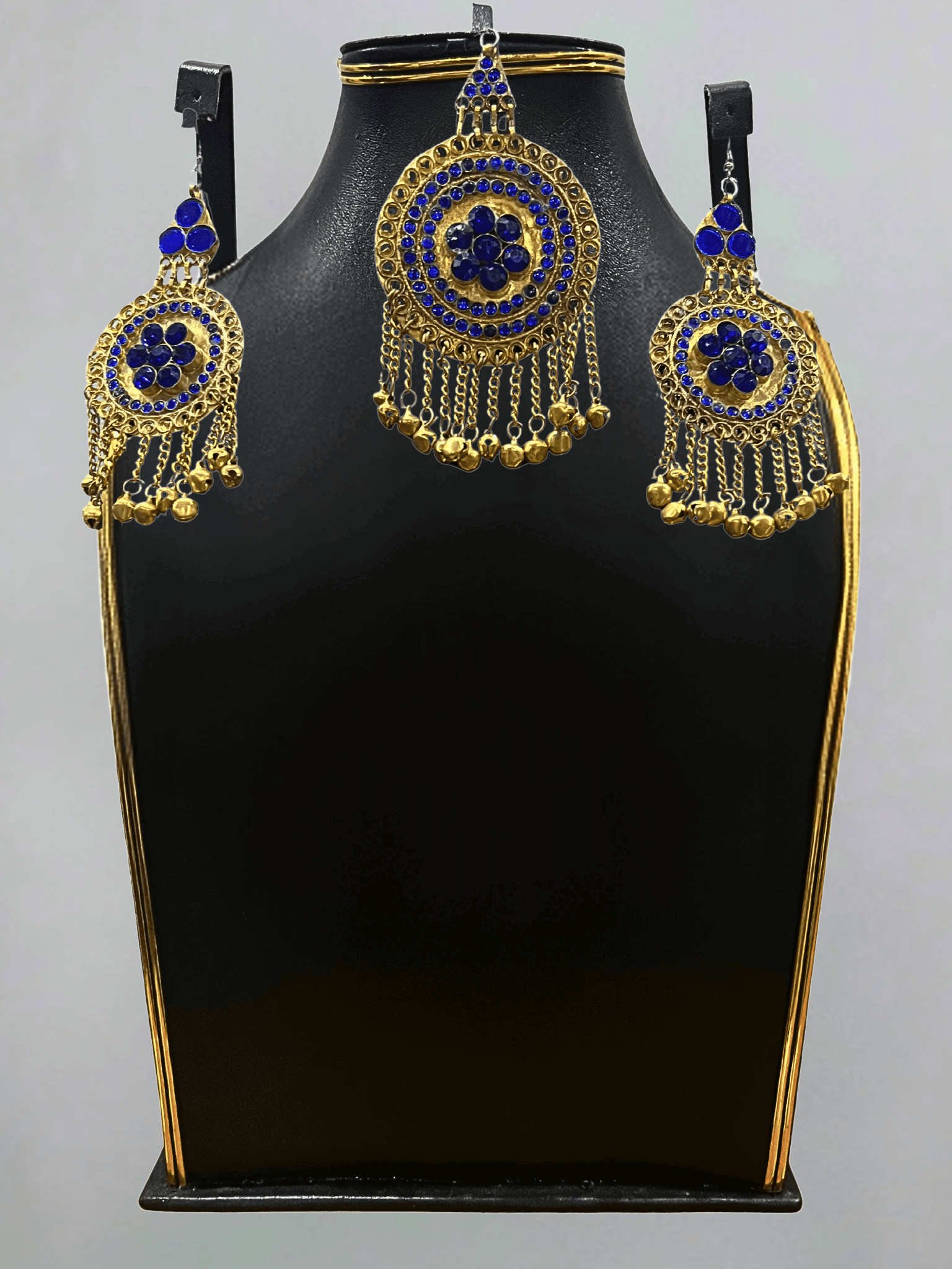 Royal Blue Afghani Jewelry Set for Women – Gold Embellished Necklace & Earrings - Afghan.boutique.us